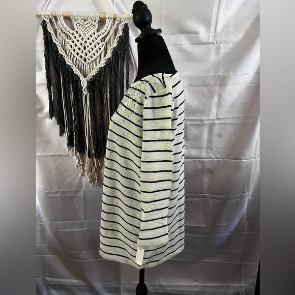 Talbots Ivory Black Stripe Plus Size 1X Rhinestones 3/4 Sleeves Knit Top Blouse - Picture 4 of 12